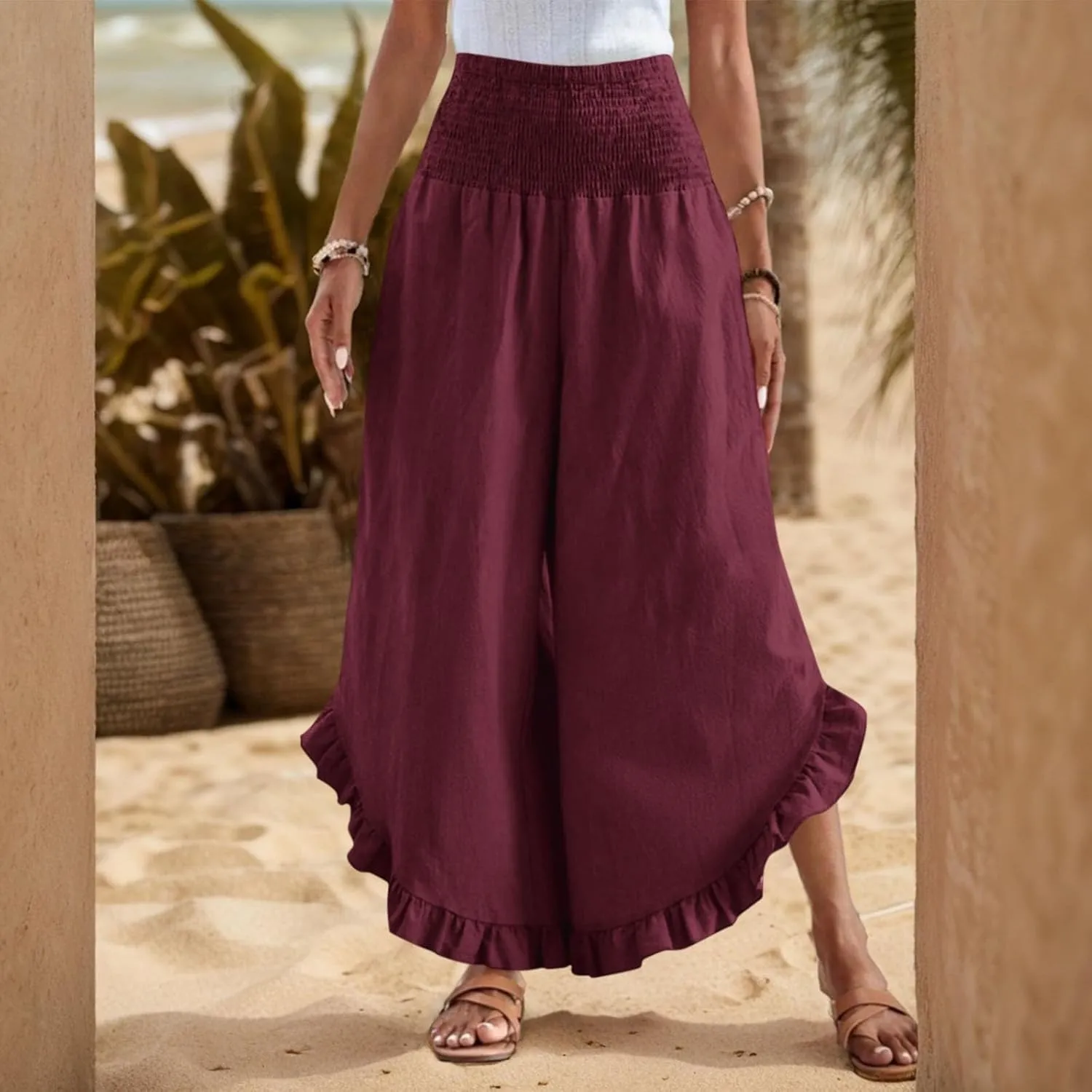 Women Linen Pants Summer Wide Leg Pants Smocked Waist Ruffle Palazzo Pant Flowy Beach Vacation Trouser with Pockets