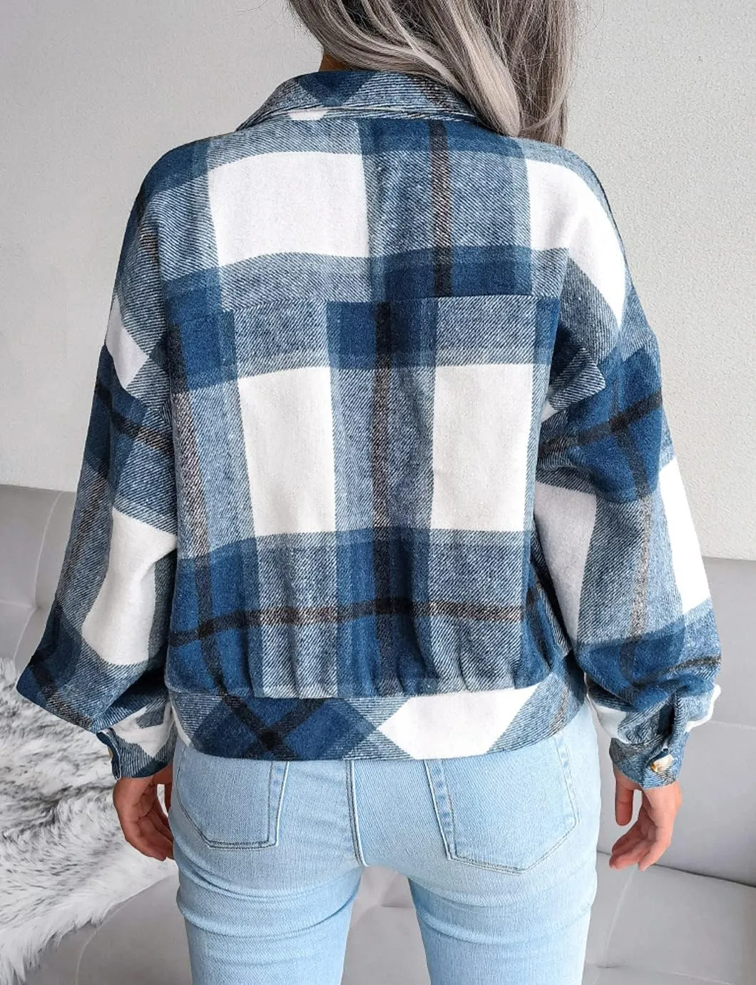 Womens Casual Plaid Shacket Long Sleeve Wool Blend Button Down Shirt Jacket Tops