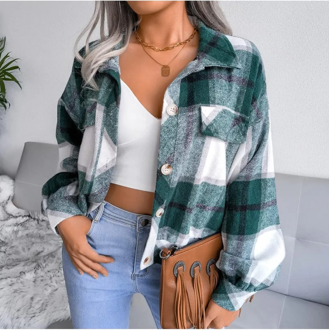 Womens Casual Plaid Shacket Long Sleeve Wool Blend Button Down Shirt Jacket Tops