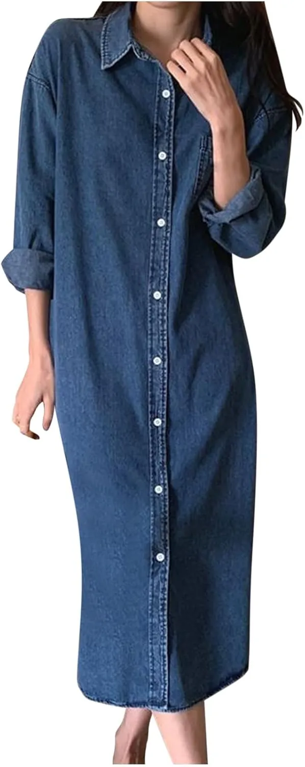 Women's Fall Winter Trendy Casual Loose Denim Maxi Dress Long Sleeve Lapel Button Down Jean Long Dresses with Pocket
