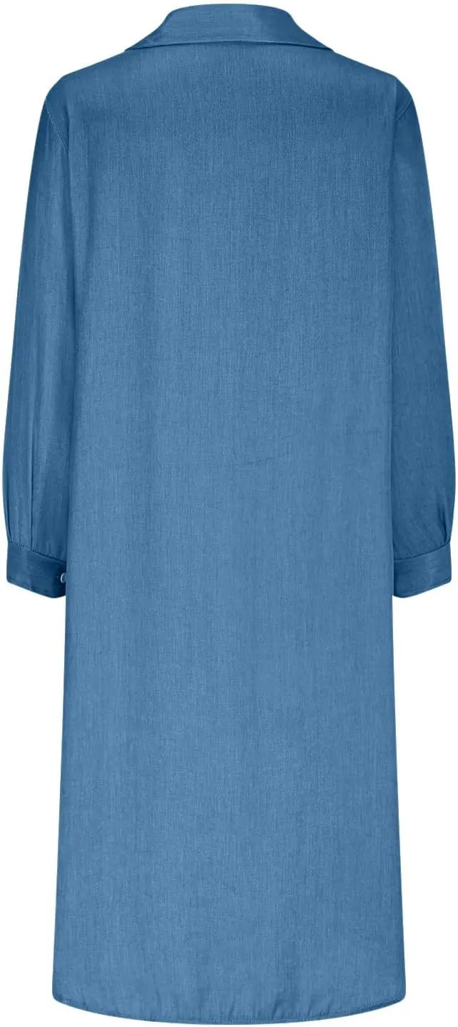 Women's Fall Winter Trendy Casual Loose Denim Maxi Dress Long Sleeve Lapel Button Down Jean Long Dresses with Pocket
