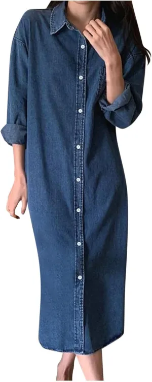 Women's Fall Winter Trendy Casual Loose Denim Maxi Dress Long Sleeve Lapel Button Down Jean Long Dresses with Pocket
