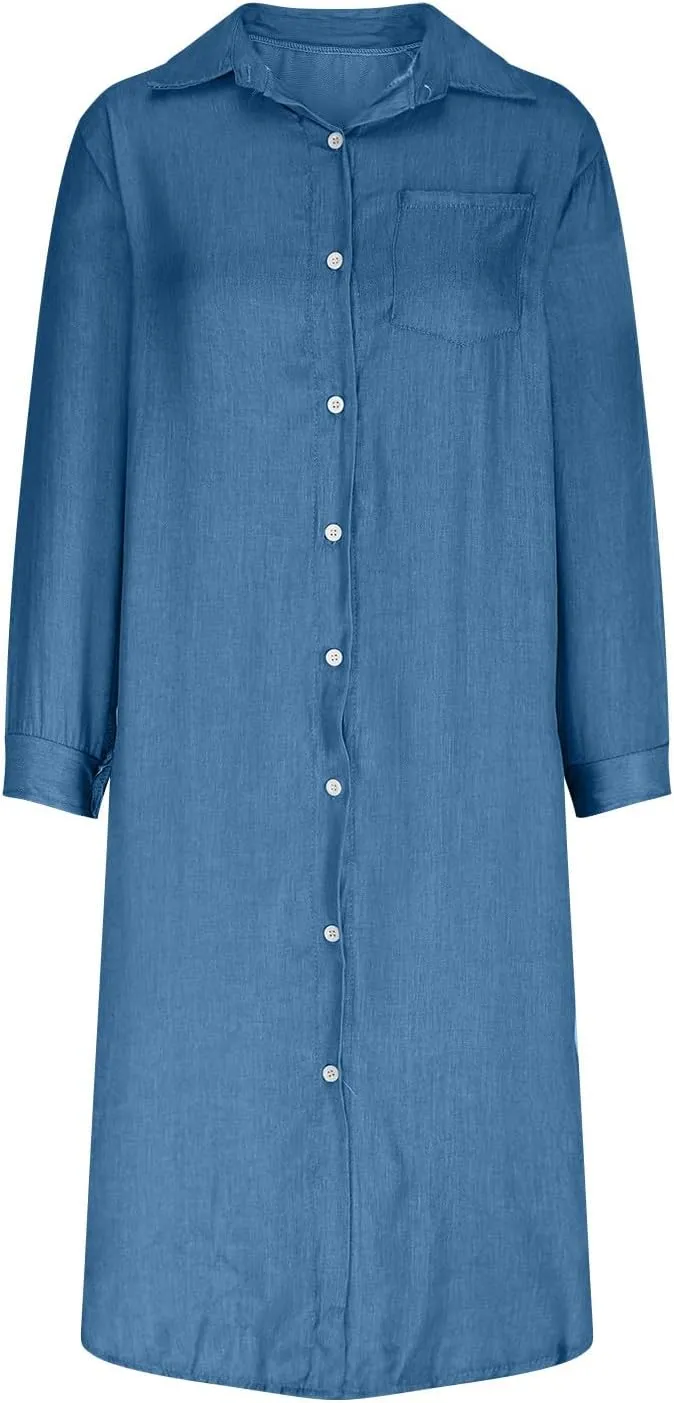 Women's Fall Winter Trendy Casual Loose Denim Maxi Dress Long Sleeve Lapel Button Down Jean Long Dresses with Pocket
