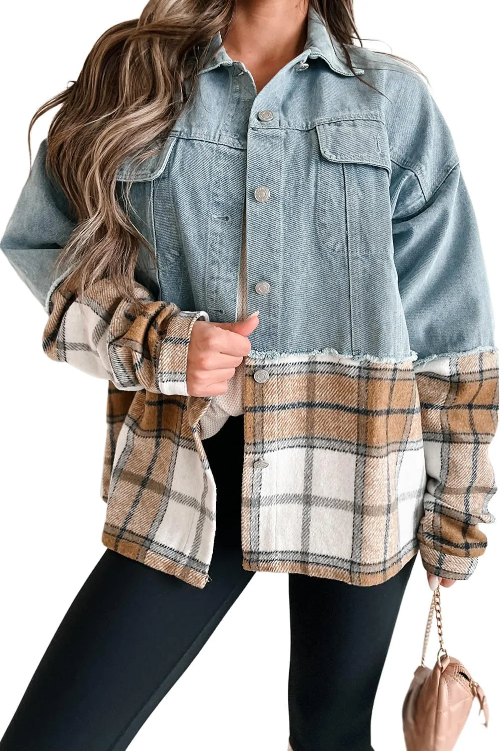 Women's Khaki Plaid Patchwork Oversized Denim Jacket