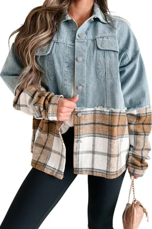 Women's Khaki Plaid Patchwork Oversized Denim Jacket