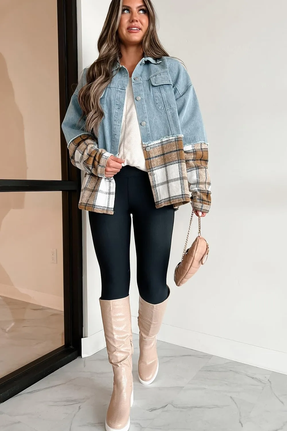Women's Khaki Plaid Patchwork Oversized Denim Jacket
