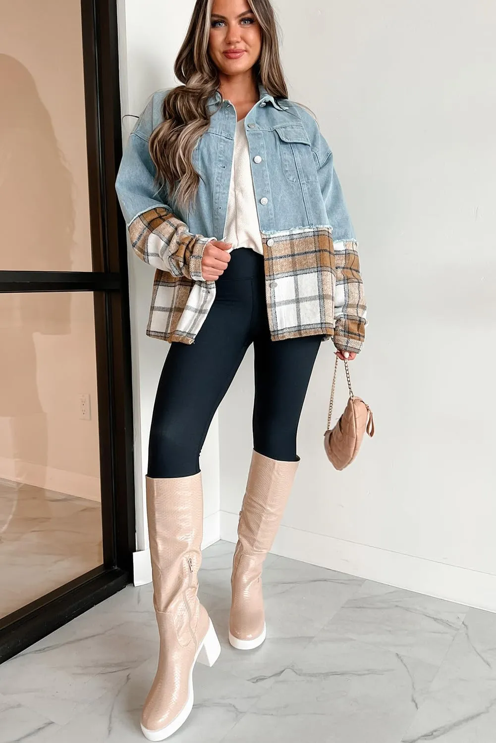Women's Khaki Plaid Patchwork Oversized Denim Jacket