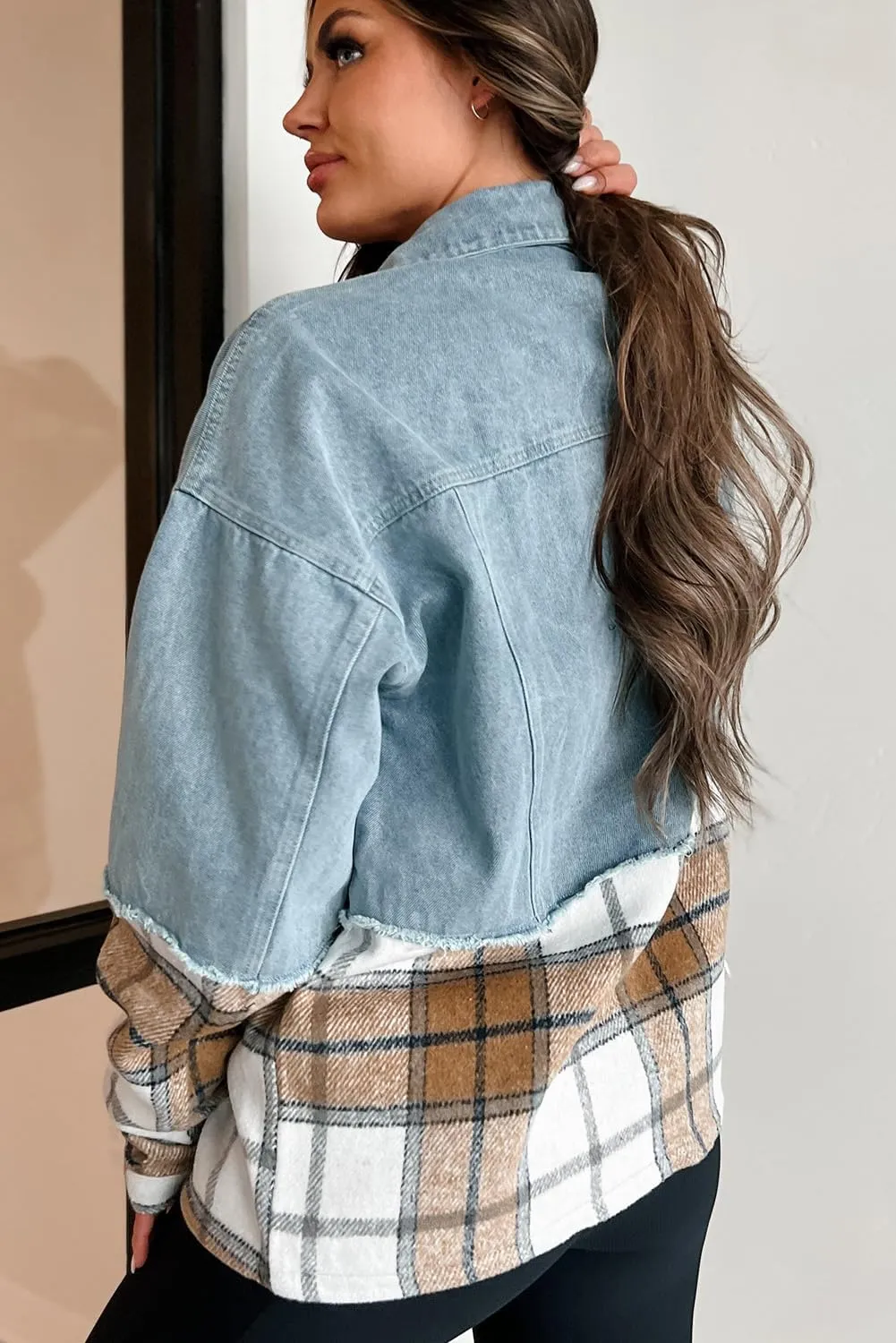 Women's Khaki Plaid Patchwork Oversized Denim Jacket