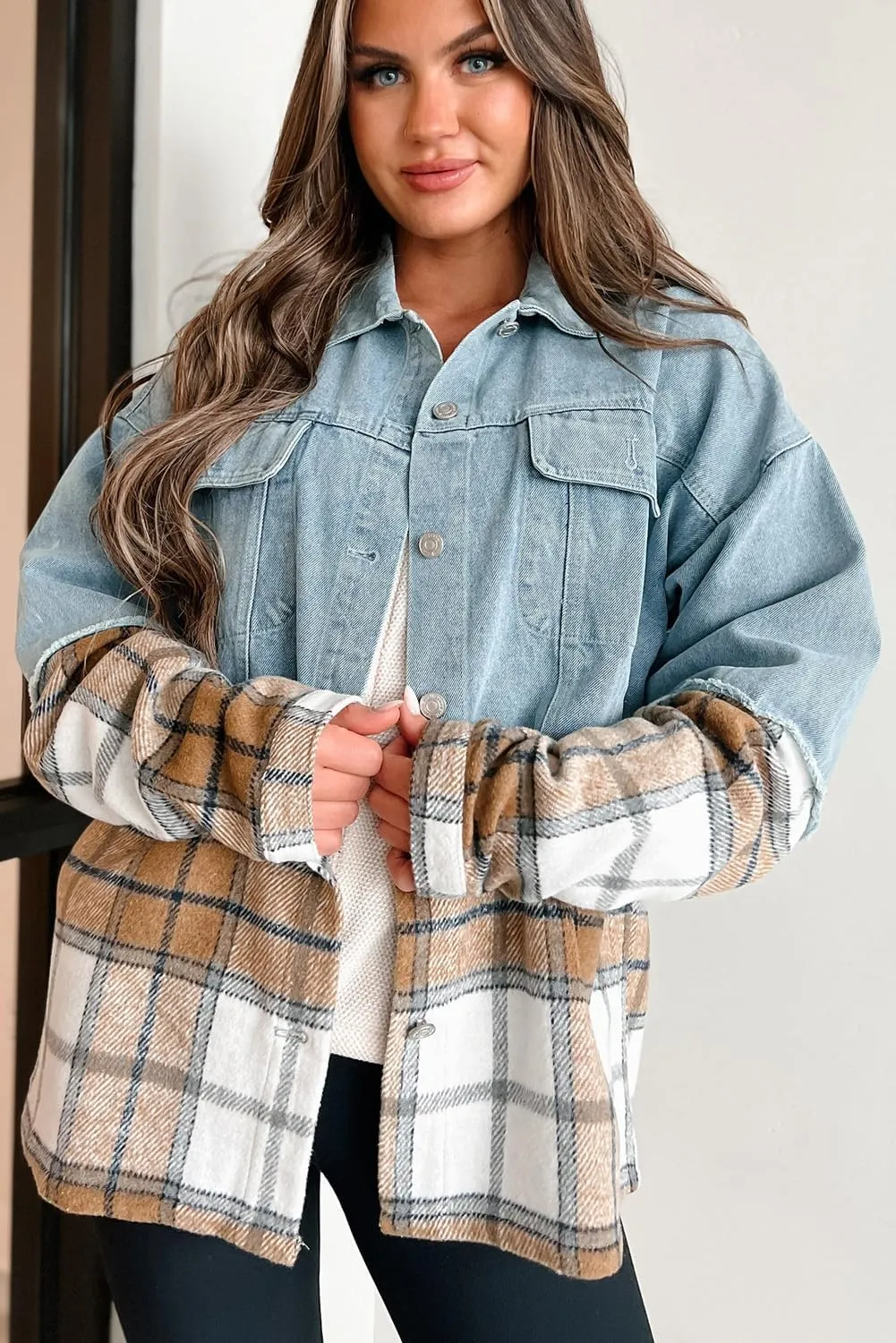 Women's Khaki Plaid Patchwork Oversized Denim Jacket