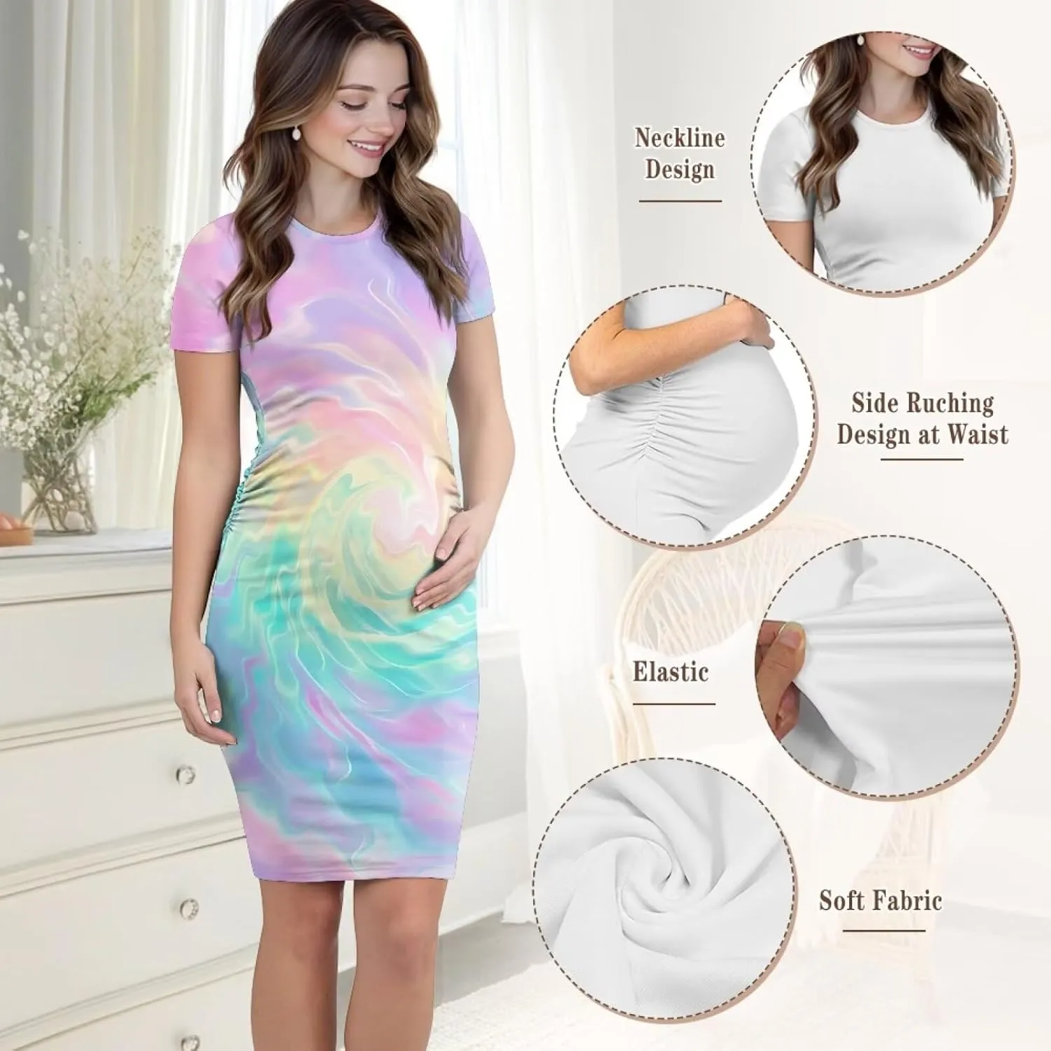 Women's Maternity Pregnancy Dress Casual Ruched Maternity Dress Stretch Slim Fit Lounge Pregnancy Dress