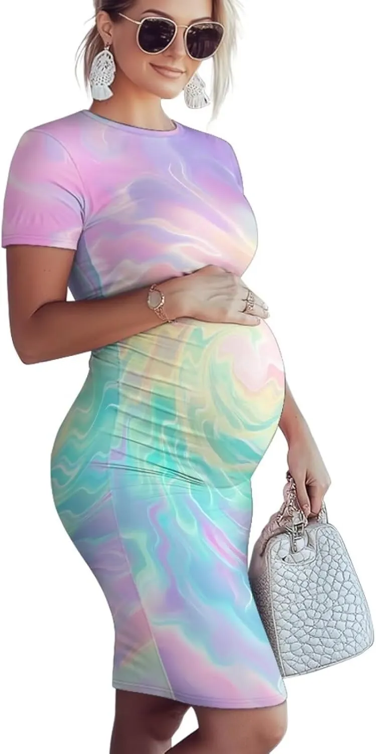 Women's Maternity Pregnancy Dress Casual Ruched Maternity Dress Stretch Slim Fit Lounge Pregnancy Dress