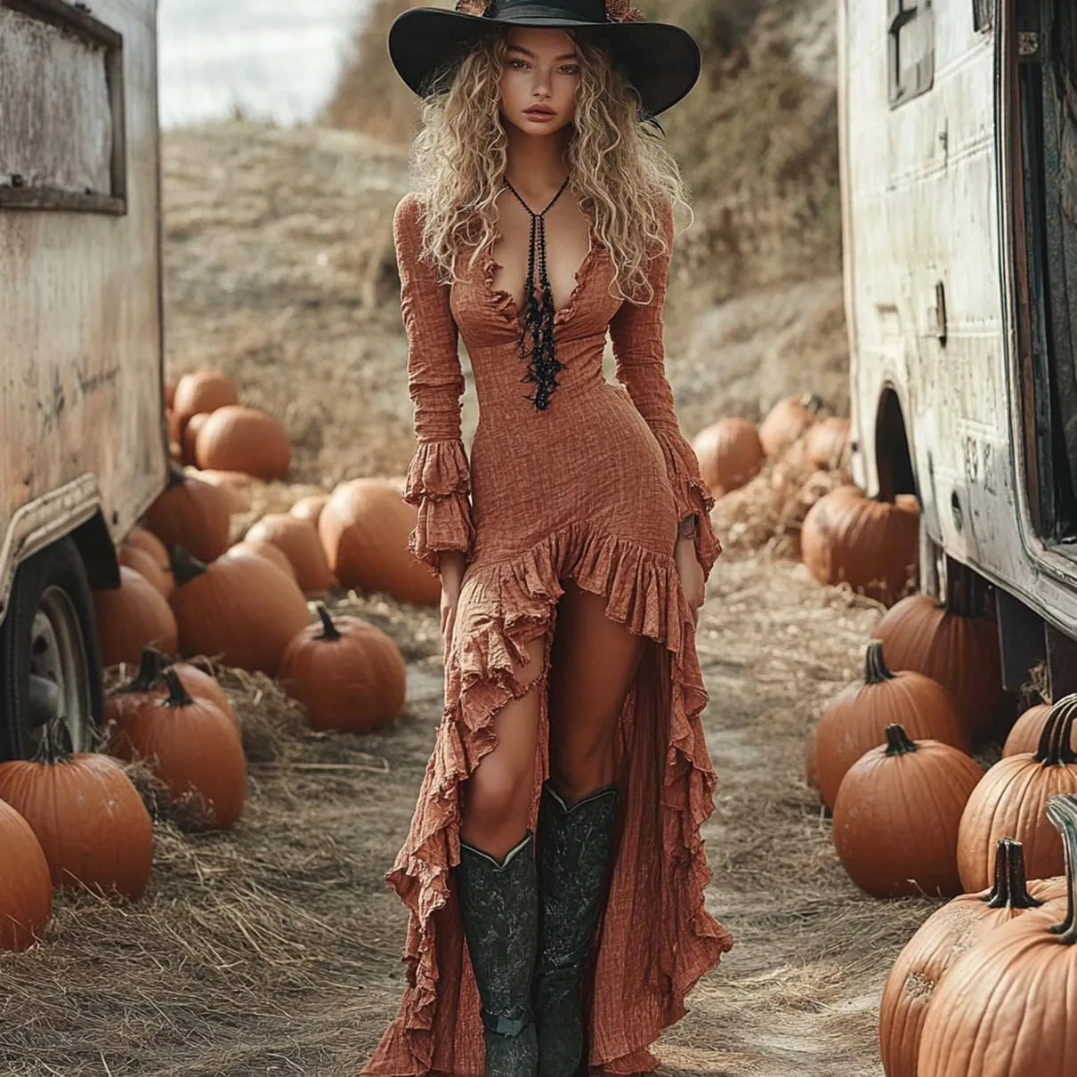Women's Sexy Deep V Long Sleeve Western Dress Fall Casual Asymmetrical Hem High Low Long Dress