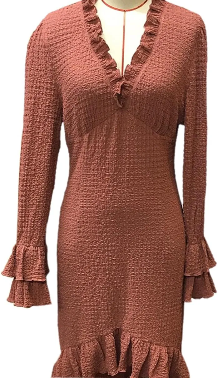 Women's Sexy Deep V Long Sleeve Western Dress Fall Casual Asymmetrical Hem High Low Long Dress