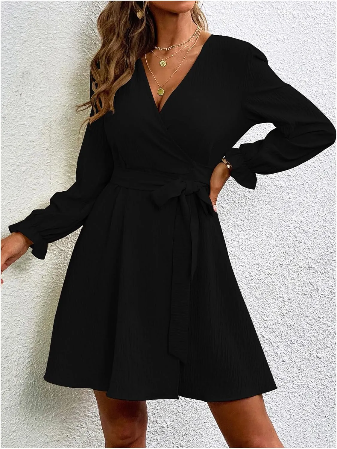 Women's Solid V Neck Belted Dress Long Sleeve Slit Wrap Dresses A Line Dress Mini Dress