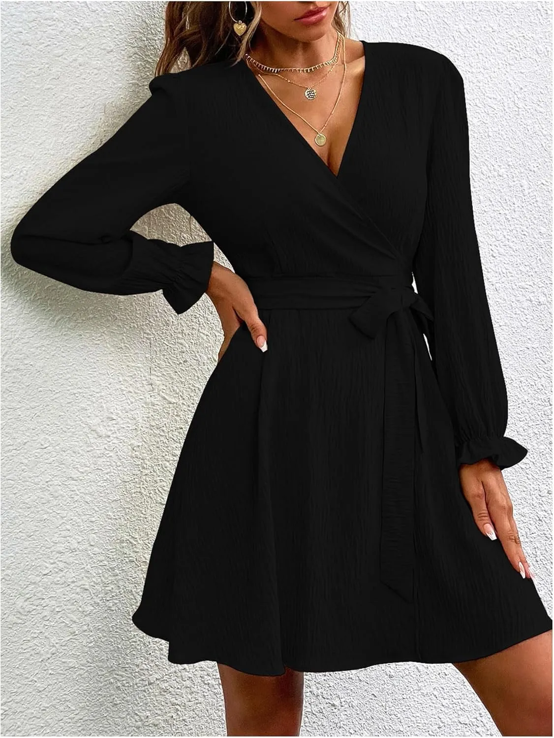 Women's Solid V Neck Belted Dress Long Sleeve Slit Wrap Dresses A Line Dress Mini Dress