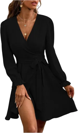 Women's Solid V Neck Belted Dress Long Sleeve Slit Wrap Dresses A Line Dress Mini Dress