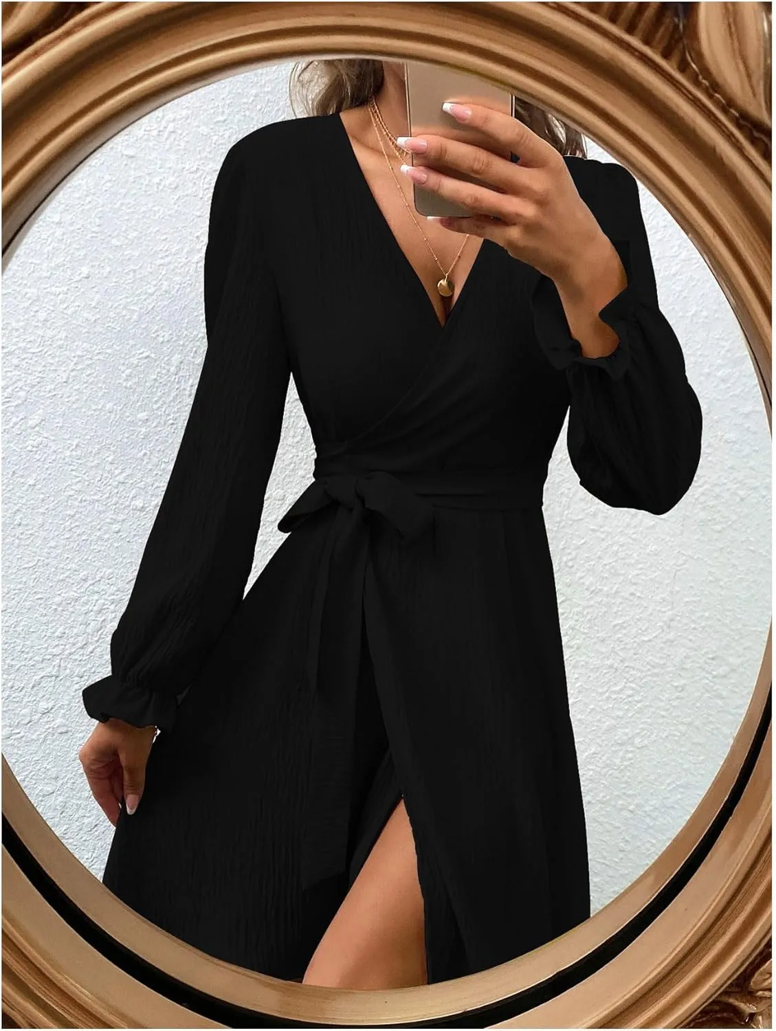 Women's Solid V Neck Belted Dress Long Sleeve Slit Wrap Dresses A Line Dress Mini Dress