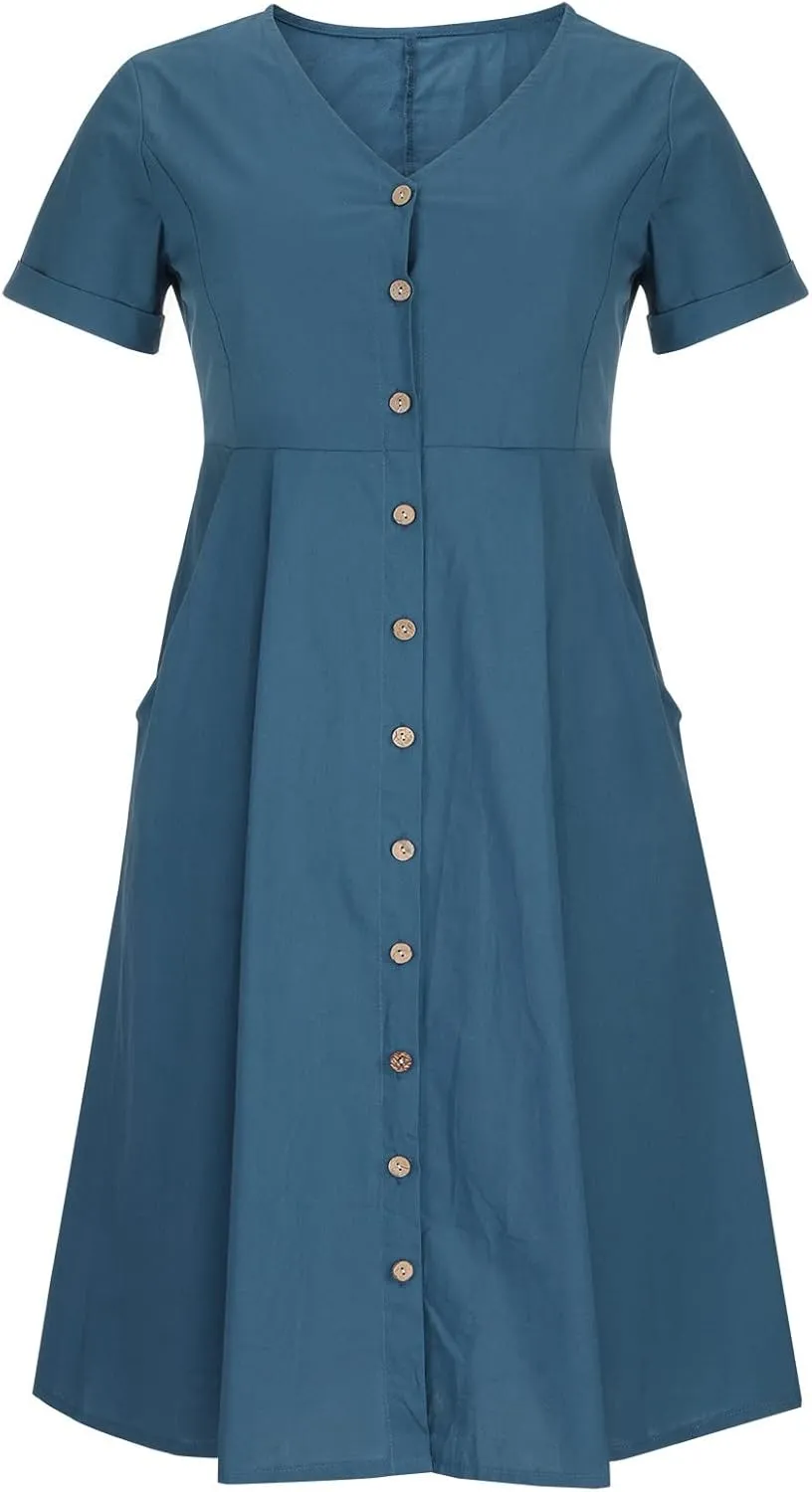 Women's Summer Casual V-Neck Button Down Shirt Dress Solid Short Sleeve Cotton Linen Dress Plus Size Maxi Dress