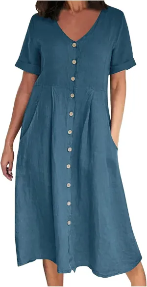 Women's Summer Casual V-Neck Button Down Shirt Dress Solid Short Sleeve Cotton Linen Dress Plus Size Maxi Dress
