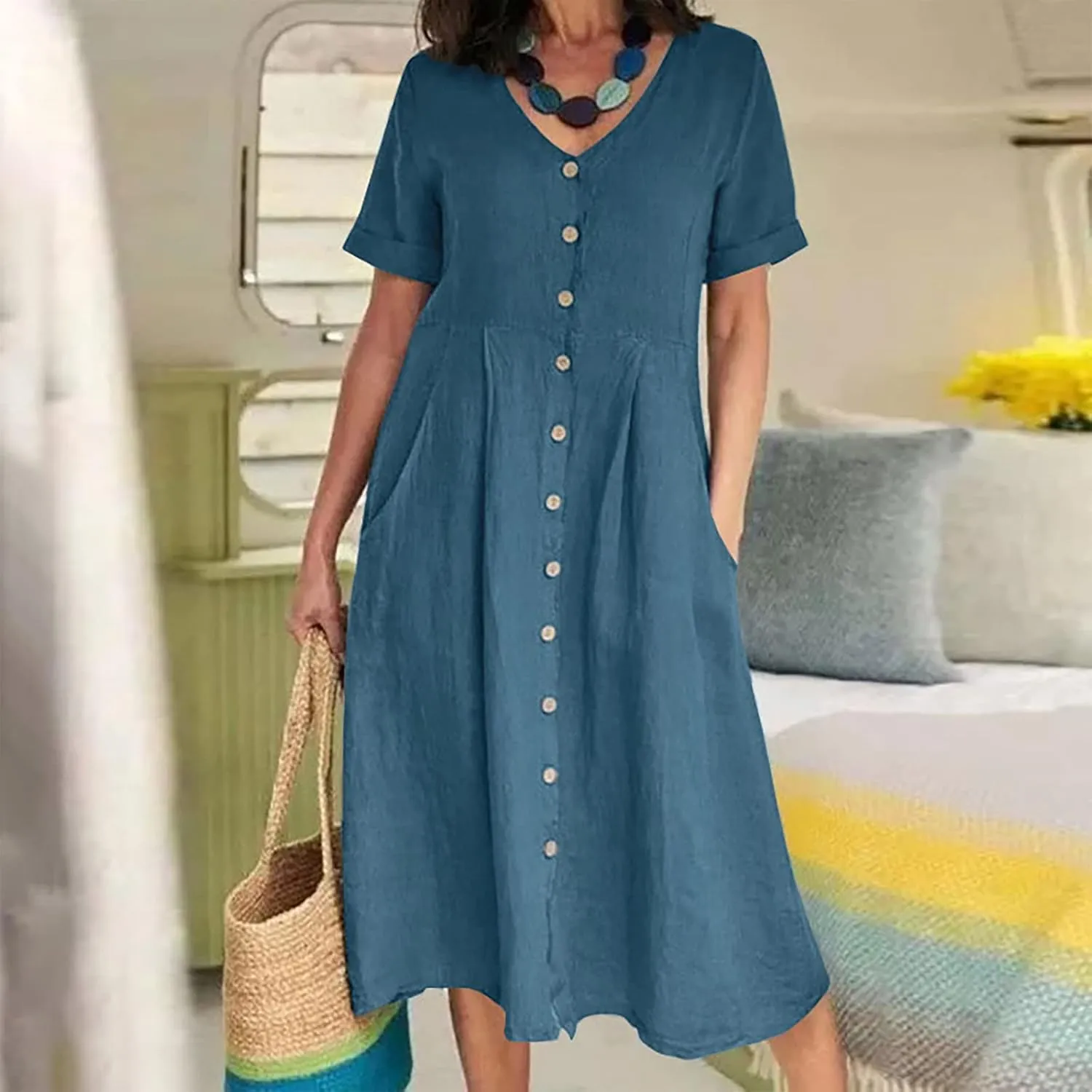Women's Summer Casual V-Neck Button Down Shirt Dress Solid Short Sleeve Cotton Linen Dress Plus Size Maxi Dress