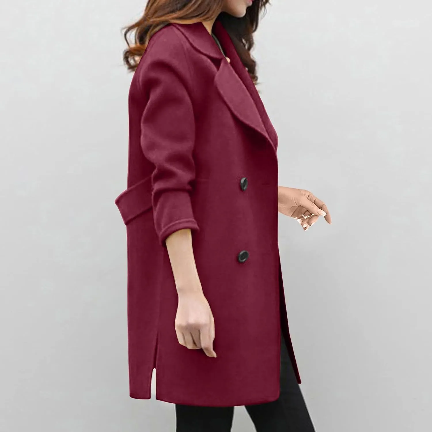 Womens Wool Blend Coat Double Breasted Long Trench Coat Elegant Notch Lapel Work Office Comfy Slim Fit Jackets