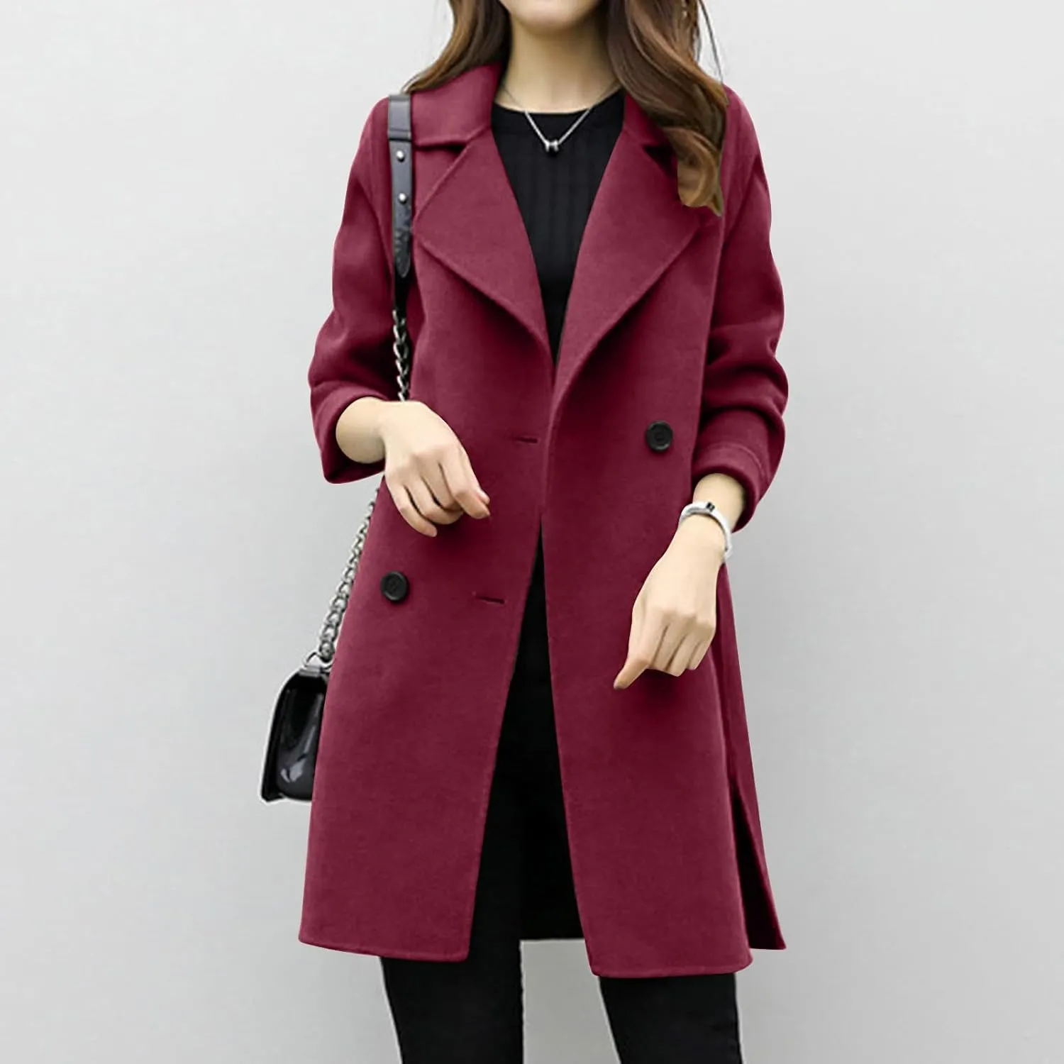 Womens Wool Blend Coat Double Breasted Long Trench Coat Elegant Notch Lapel Work Office Comfy Slim Fit Jackets