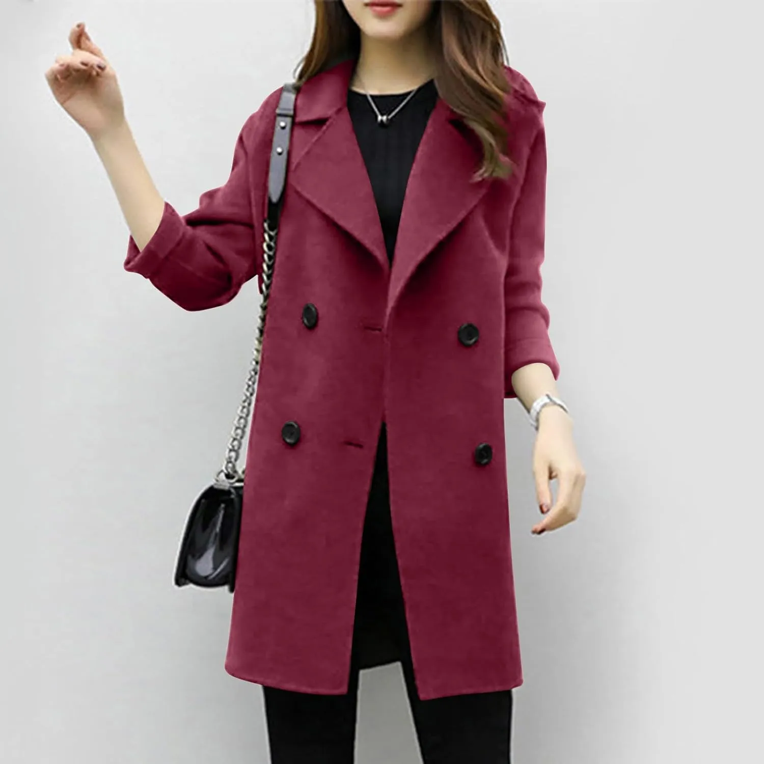 Womens Wool Blend Coat Double Breasted Long Trench Coat Elegant Notch Lapel Work Office Comfy Slim Fit Jackets