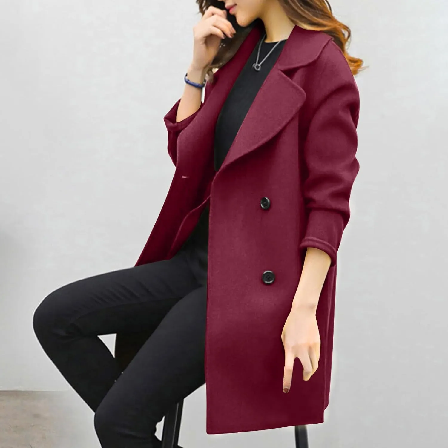 Womens Wool Blend Coat Double Breasted Long Trench Coat Elegant Notch Lapel Work Office Comfy Slim Fit Jackets