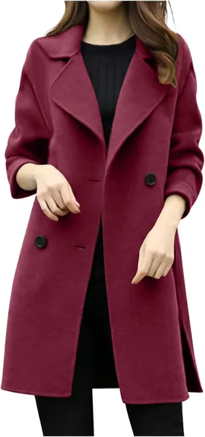 Womens Wool Blend Coat Double Breasted Long Trench Coat Elegant Notch Lapel Work Office Comfy Slim Fit Jackets