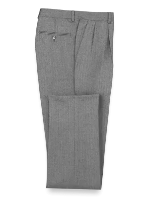 Wool Herringbone Pleated Suit Pants - Charcoal