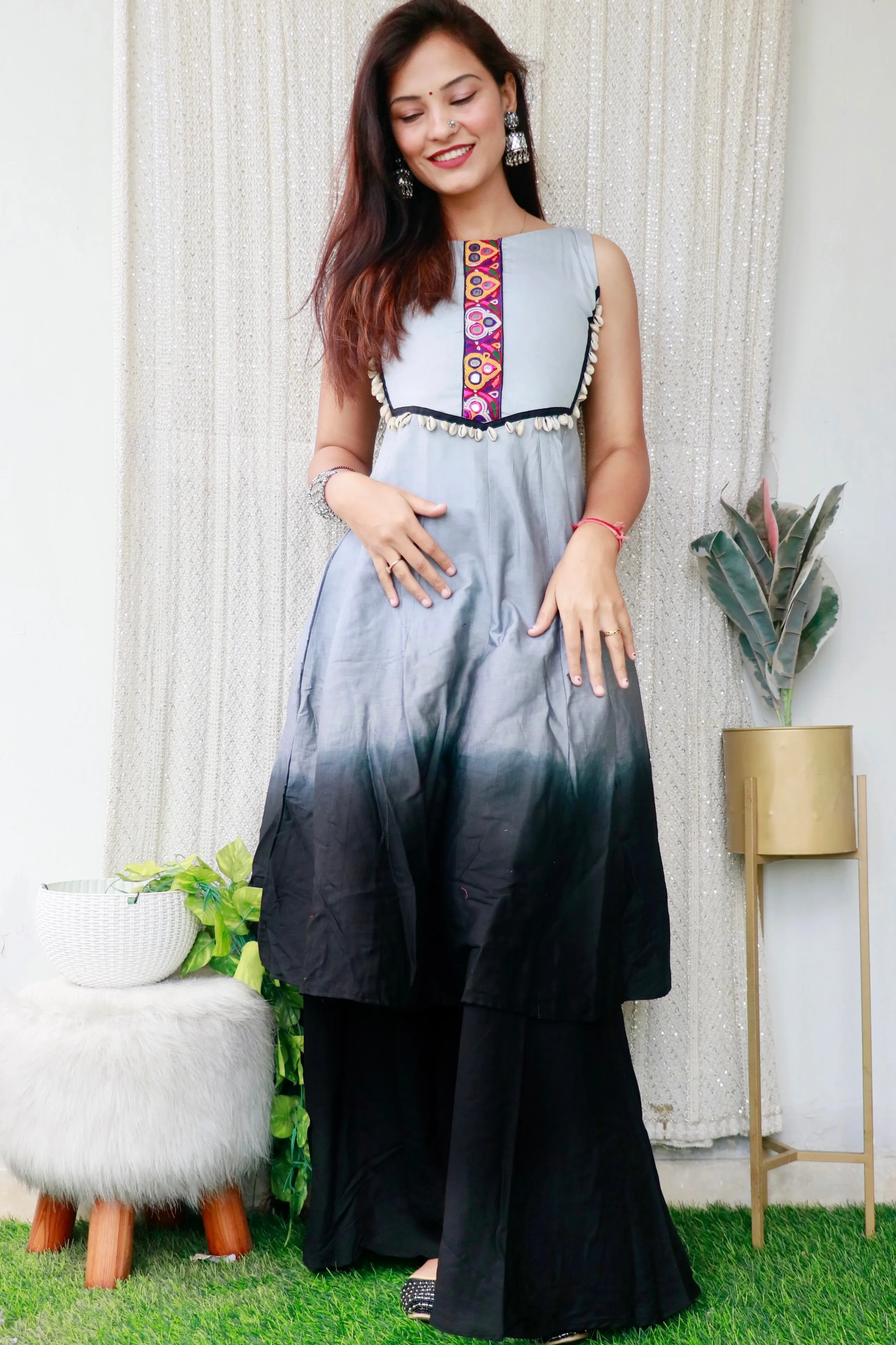 ZOYA GREY BLACK HANDWORK ANARKALI PALAZZO SET